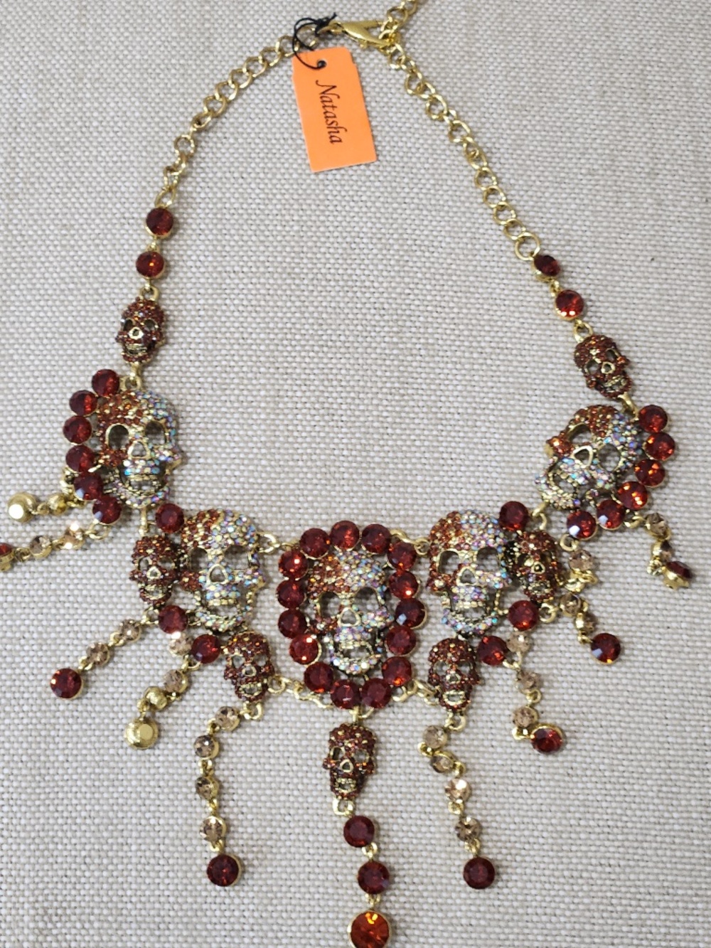 Natasha Gold Tone Skull Bib Statement Necklace Halloween Red Crystals, Pave